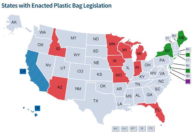 Which US states ban plastic bags?